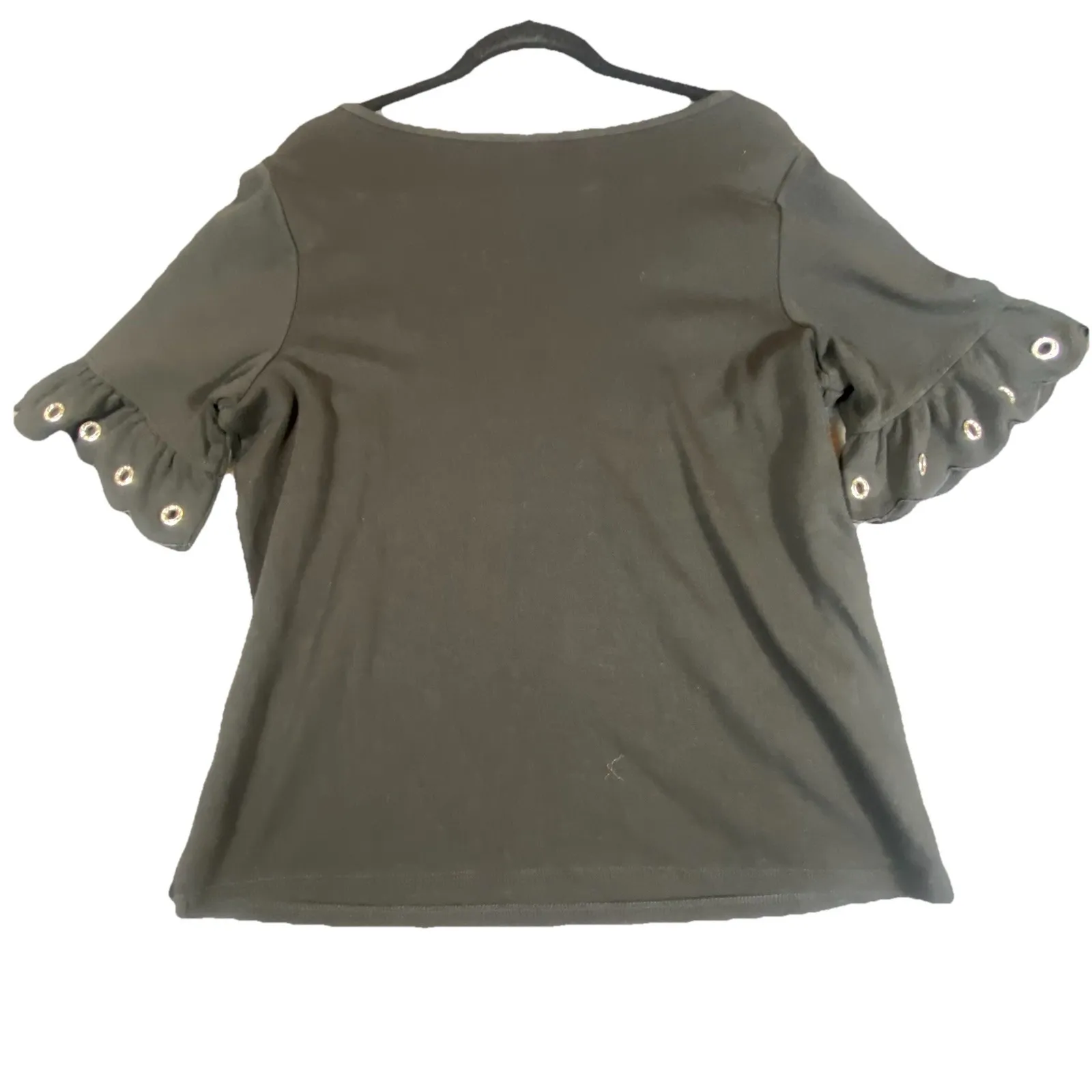 Quacker Factory Top Shirt Large Silver Grommets Ruffle Elbow Sleeves Black Soft - Image 2