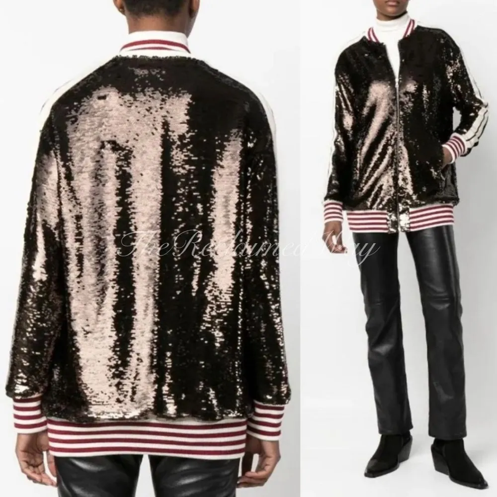 Palm Angels Sequin Track Jacket Zip Up Striped Oversized Coat Chocolate Brown - Image 6