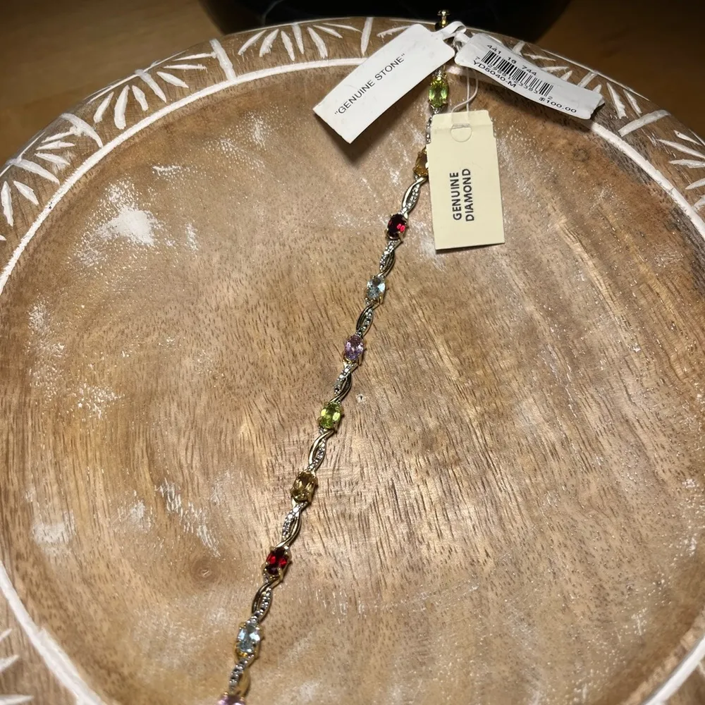 NWT Multi Genuine Gemstone & Diamond 18KT Gold Over Sterling Silver Bracelet - Image 2