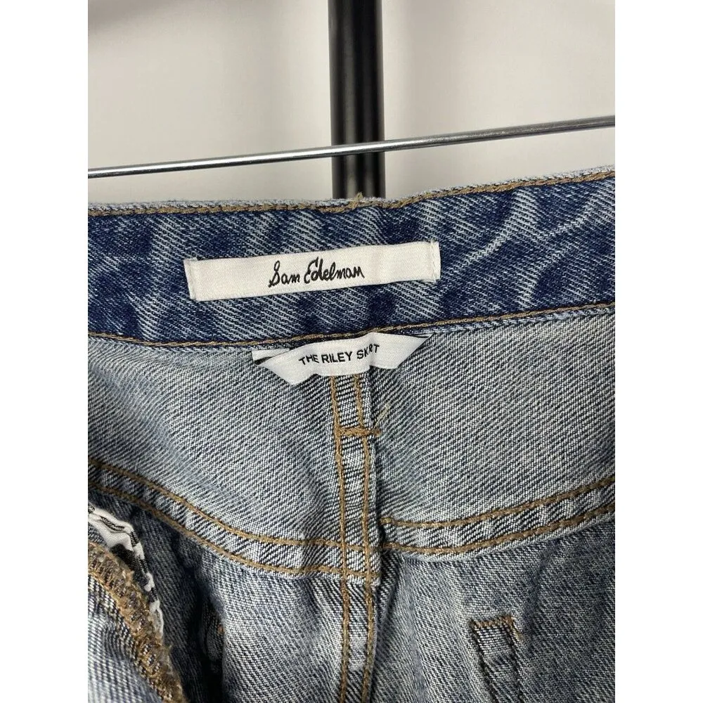 Sam Edelman Medium Blue Wash The Riley Asymmetrical Raw Hem‎ Denim Jean Skirt 29 - Image 6