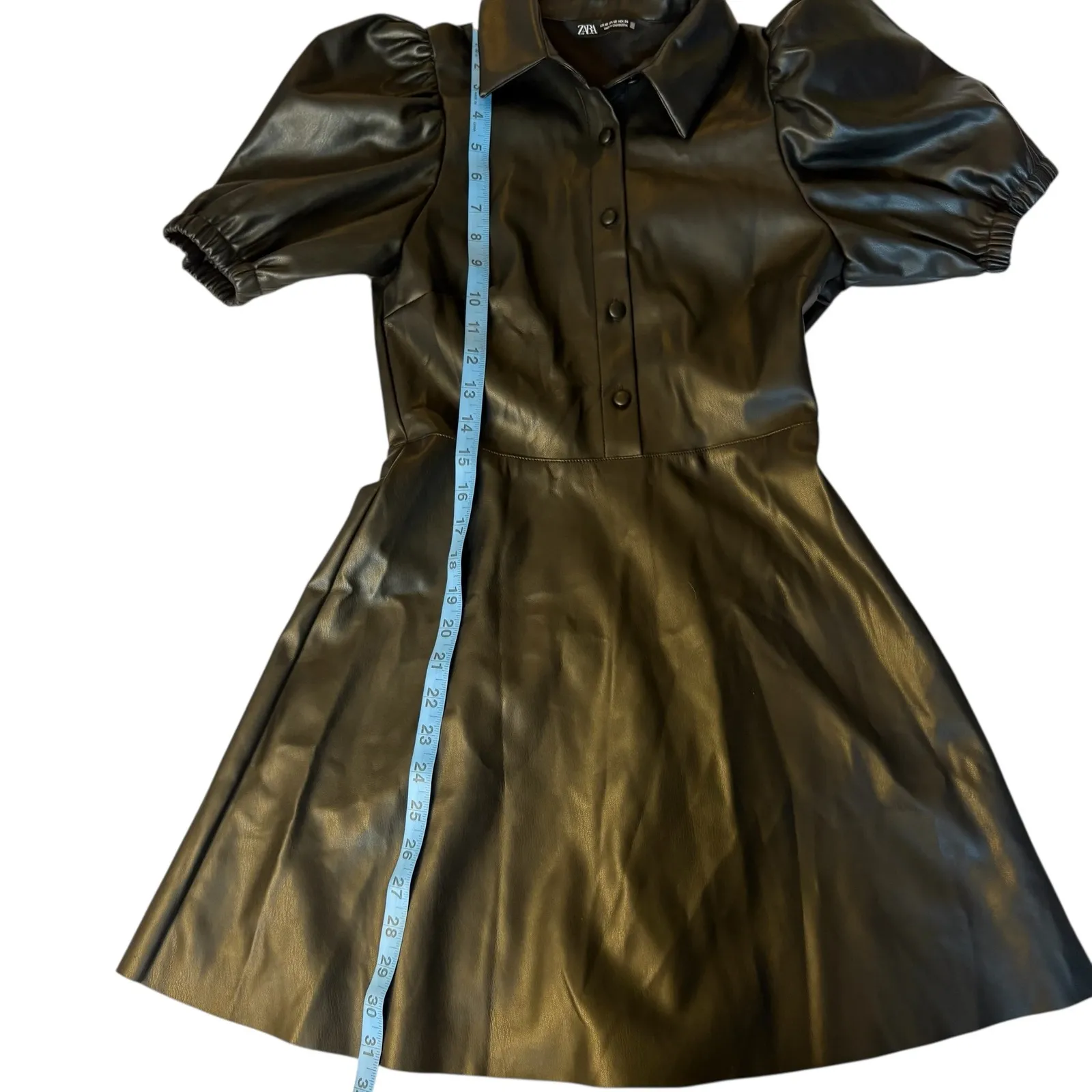 Zara‎ Black Faux Leather Puff Sleeve Collared Button Up Fit Flare Dress XS - Image 6