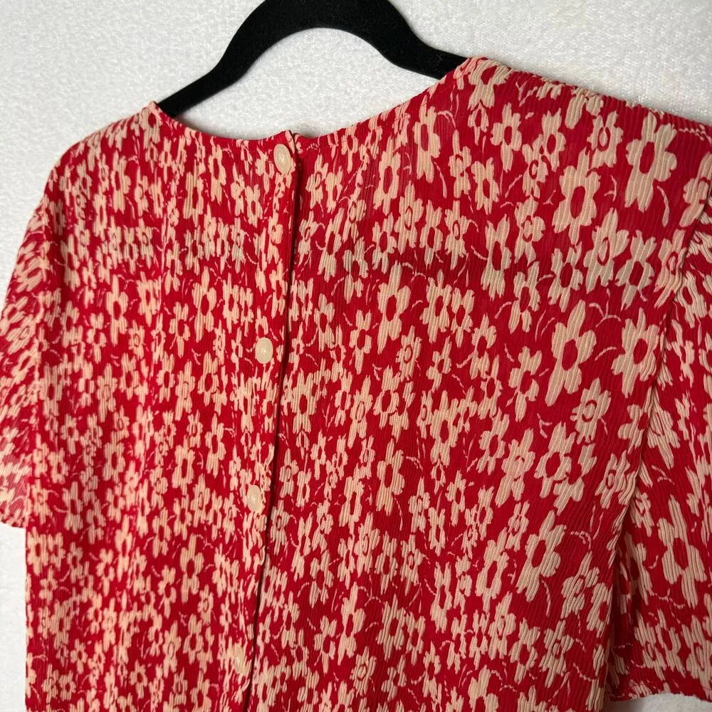 Madewell Crinkled Button Back Floral Tie Front Full Bloom Georgette Blouse Red - Image 8