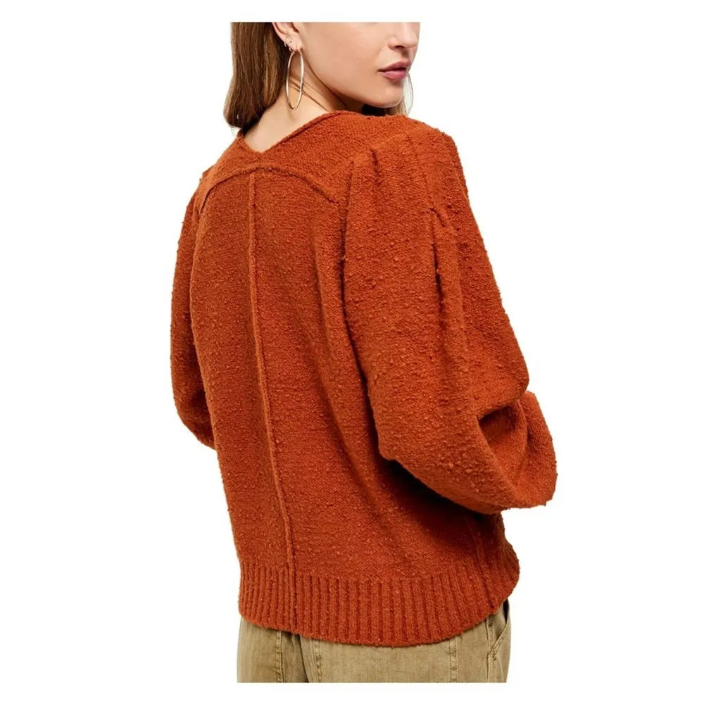 Free People Dark Orange Burnt Butter Reverie V Neck Blouson Sleeve Sweater NWT - Image 3