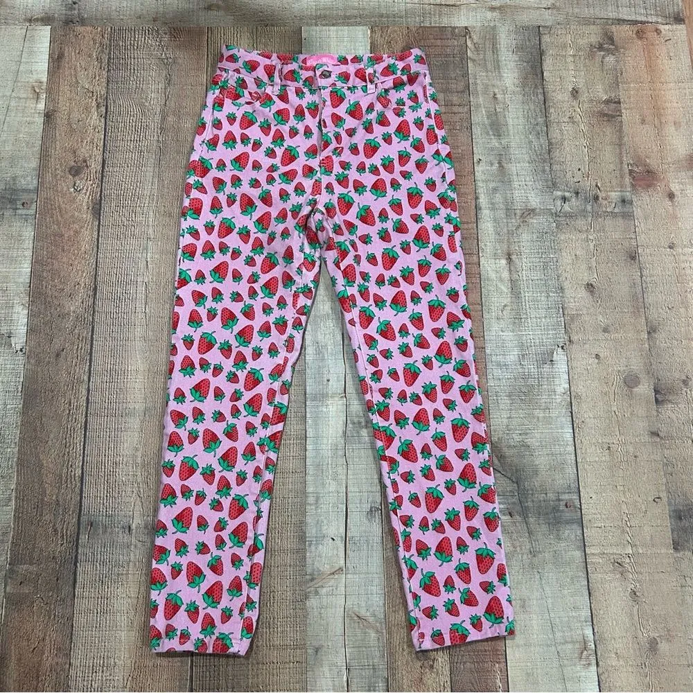 Sugar Thrillz Strawberry Fruit Pants Pink Red High Rise Y2K Kawaii Jeans Size M Size M - Image 6