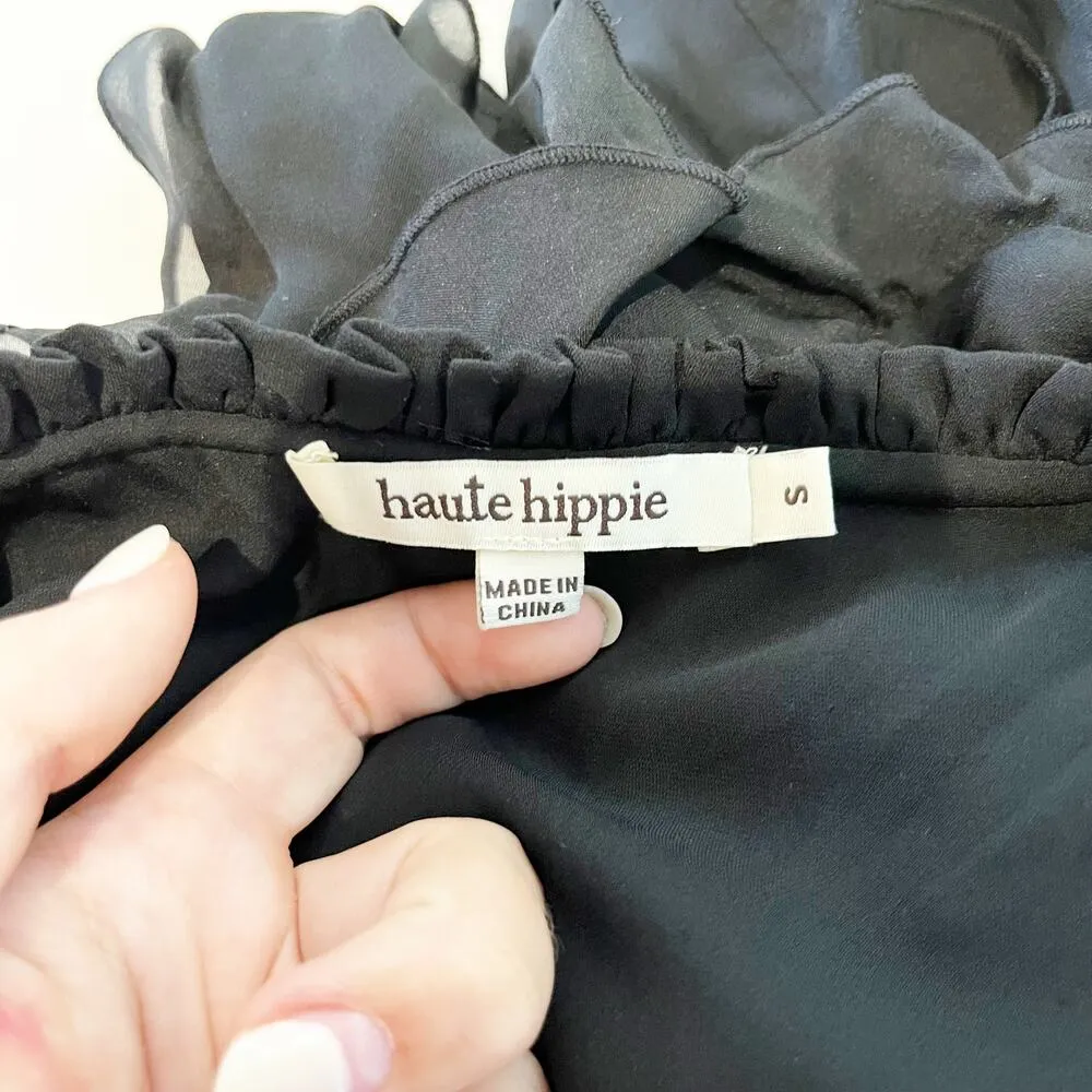 Haute Hippie Ruffled Long Sleeve Button Up Blouse Top Black Small - Image 2