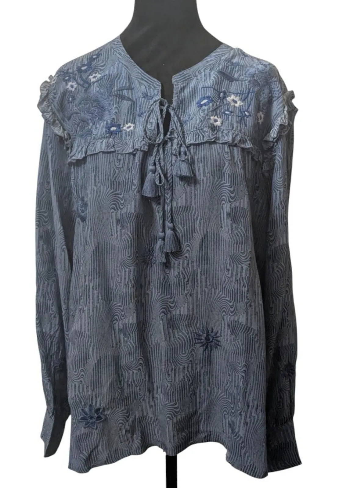 Johnny Was Workshop XL Blue Silk Tunic Blouse Embroidered Ruffle Tassel Boho - Image 1