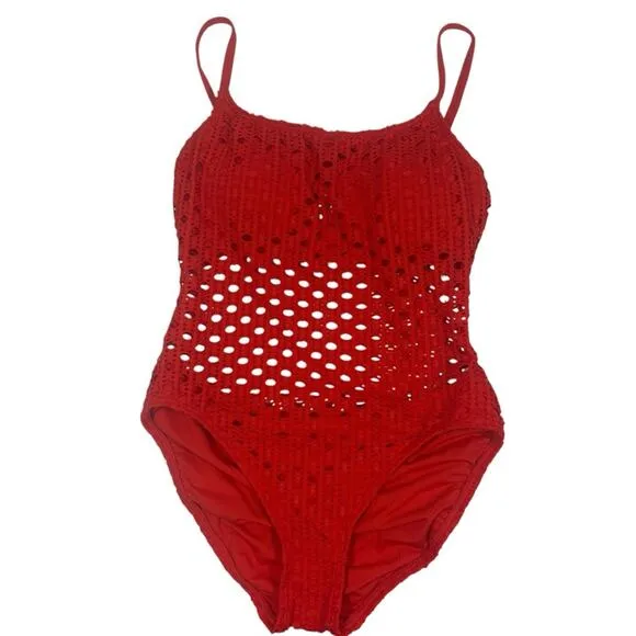 Carmen Marc Valvo NWT One Piece Solid Crochet Scoop Neck Swimsuit 8 M - Image 3