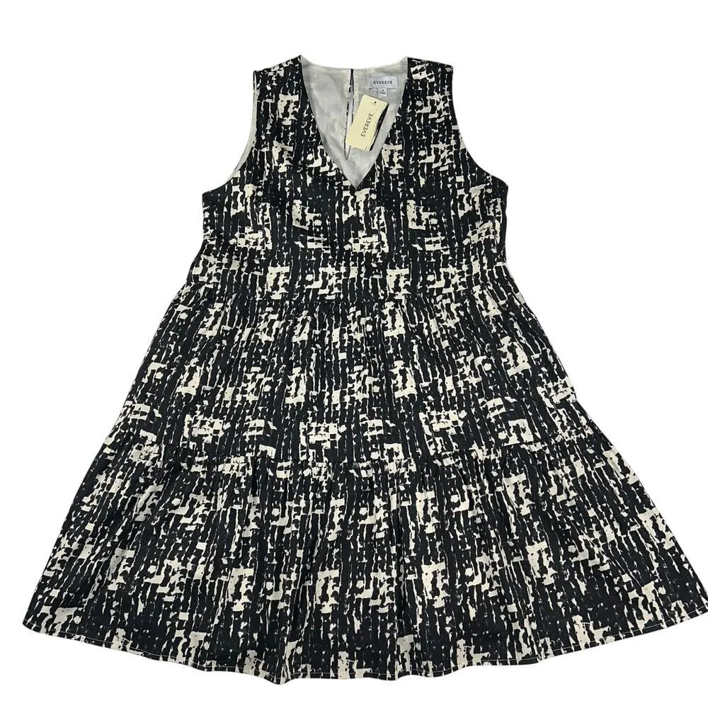 Evereve Giana Cotton Tiered V-Neck Sleeveless Shift Dress Black Ivory Size M - Image 15