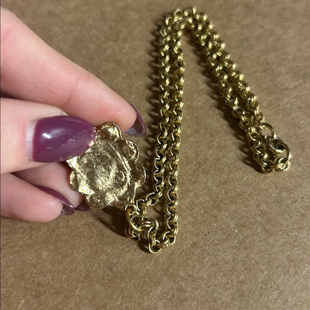 Gold Pendant Necklace with Blue Floral Cameo Framed Design - Image 3