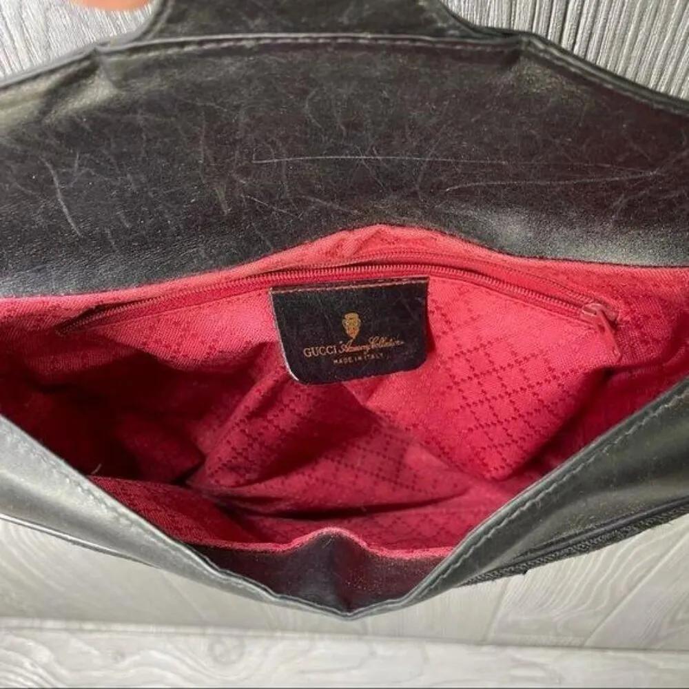 Vintage GUCCI Black Canvas Leather Saddle Purse bag long crossbody strap - Image 7