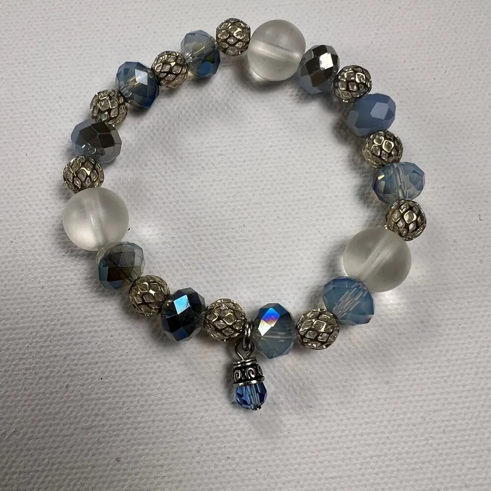 Handmade Beaded Bracelet Trio Sky Blue Gray Silver Tone Beads - Image 5