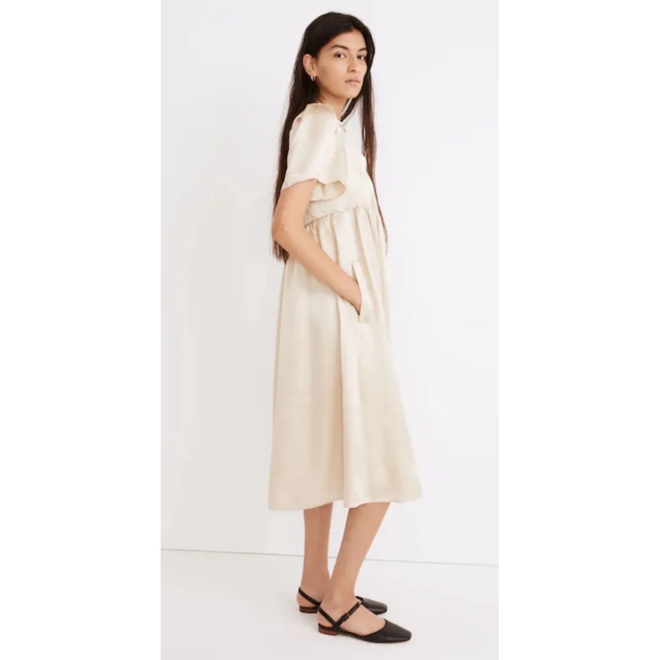 Madewell Puff Sleeve V Neck Midi Dress in Shiny Gold Size Large Party Formal - Image 2