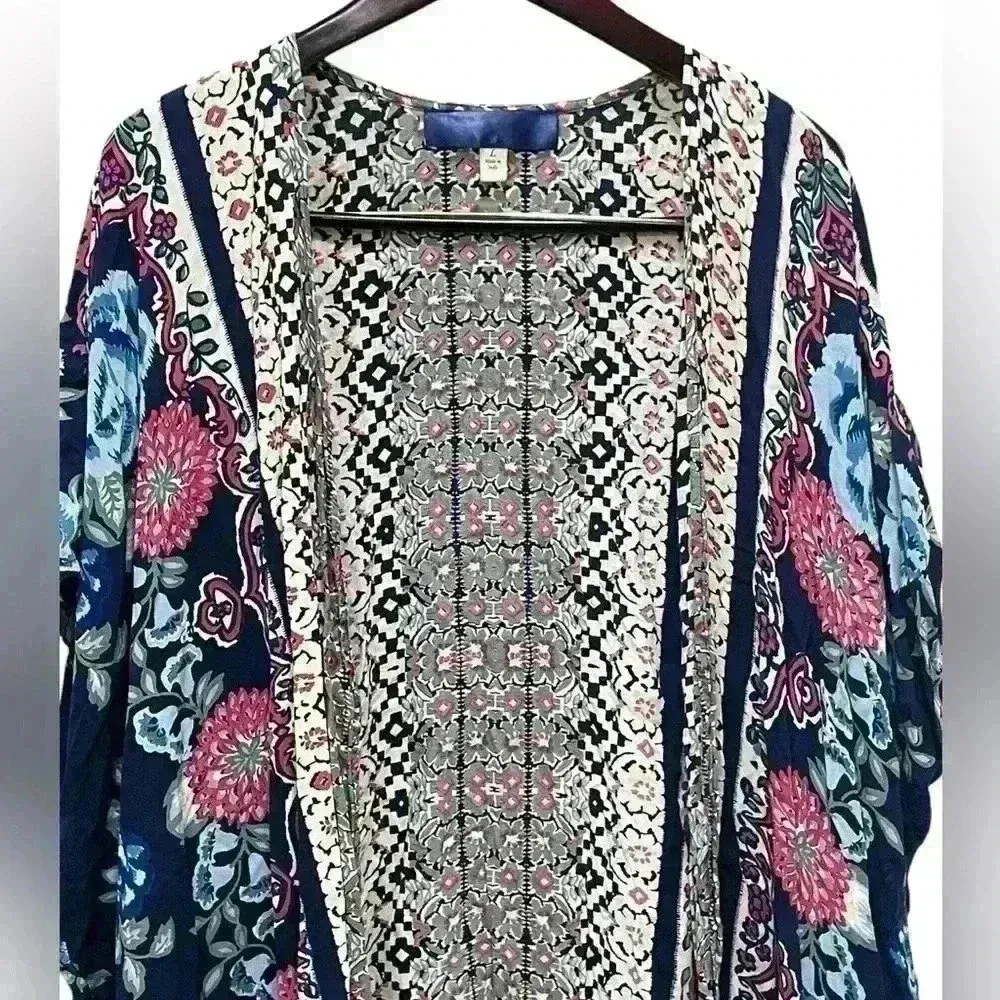 Womens Boho Long Floral Kimono Large‎ Bohemian Lightweight Cottagecore Festival Blue - Image 2