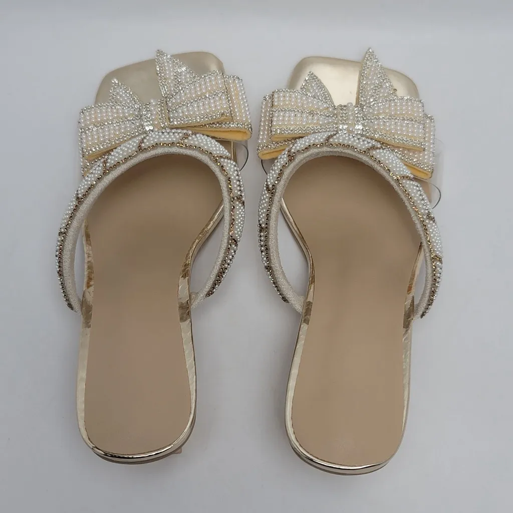 Beaded Rhinestone Bow Knot Kitten Heels Slide Mules Sandal Gold Size EU 40, US 9 - Image 5