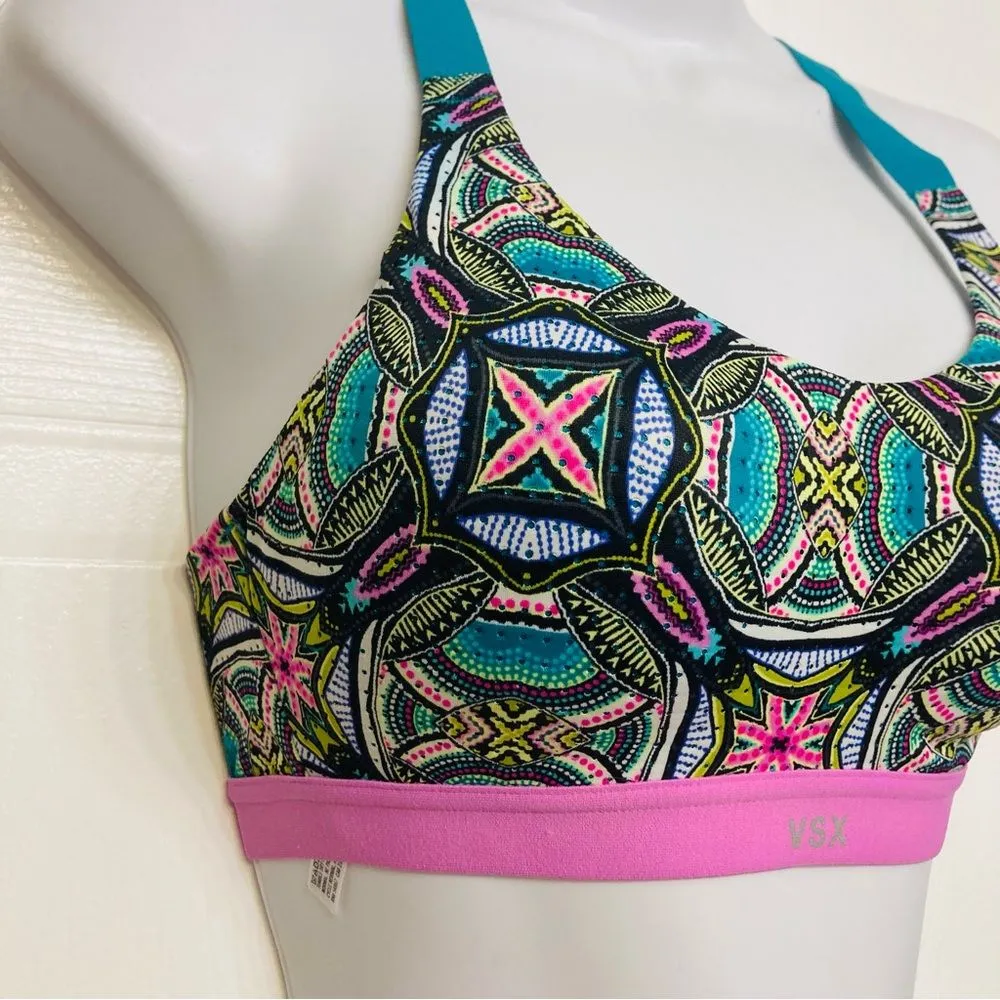 Victoria’s Secret VSX Sport Bra Teal Pink‎ Geometric Print Crossback Size 32B - Image 2
