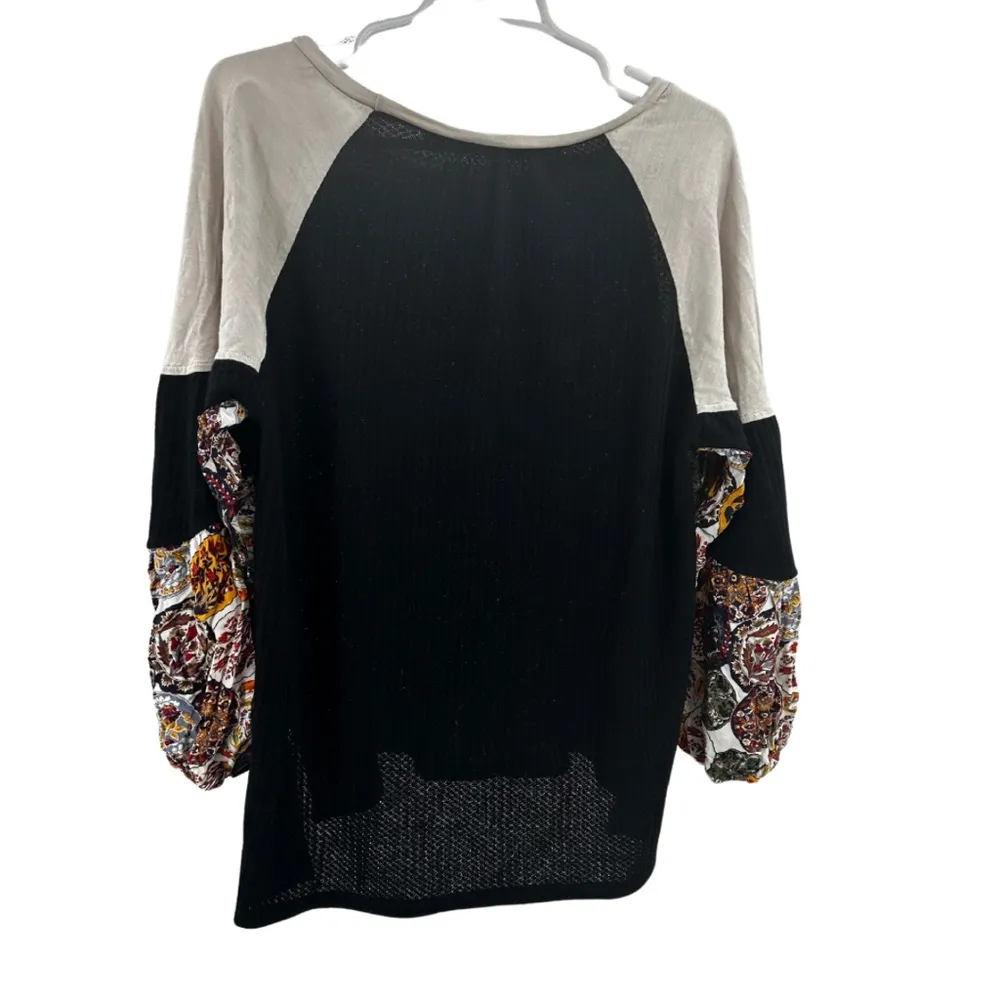Umgee Black and Cream Raglan 3/4 puff floral Sleeve waffle knit S neutral casual - Image 2