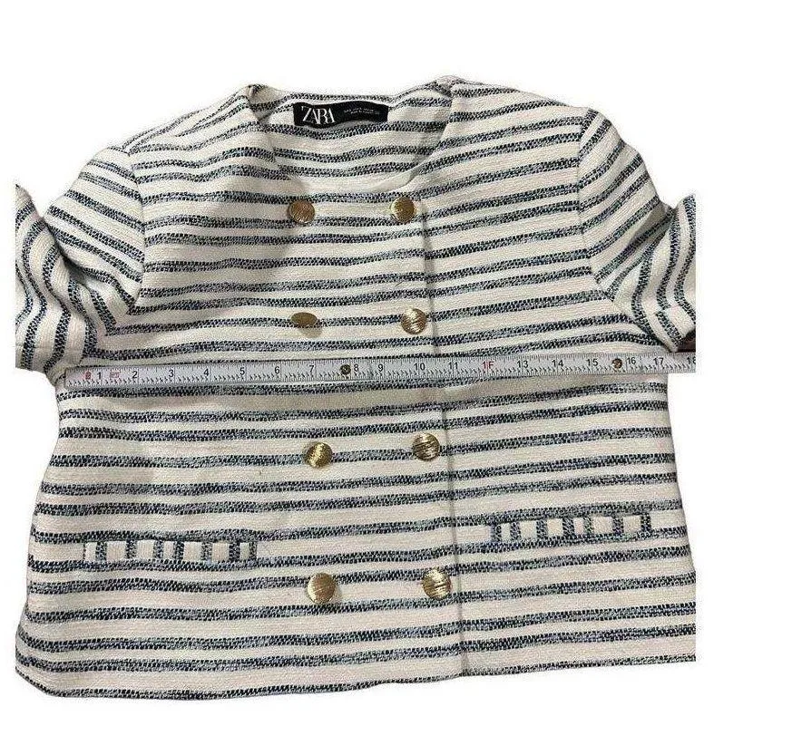 CROPPED GOLD BUTTON TEXTURED BLAZER BLUE / WHITE BLOGGER FAVE Small - Image 6