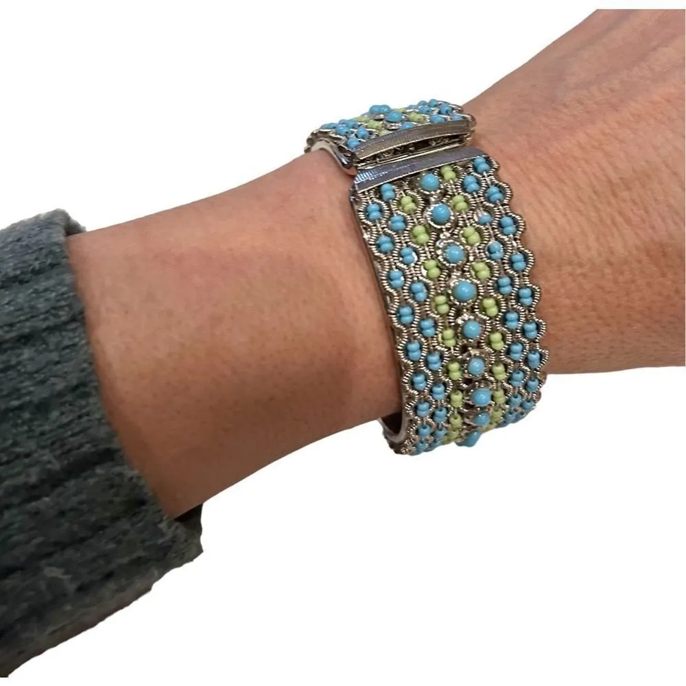 Vintage Boho Faux Turquoise Hinge Cuff Bracelet Silver Tone - Image 3