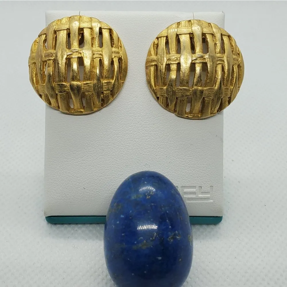 Vintage Gold Tone Basket Weave Earrings Gold - Image 2