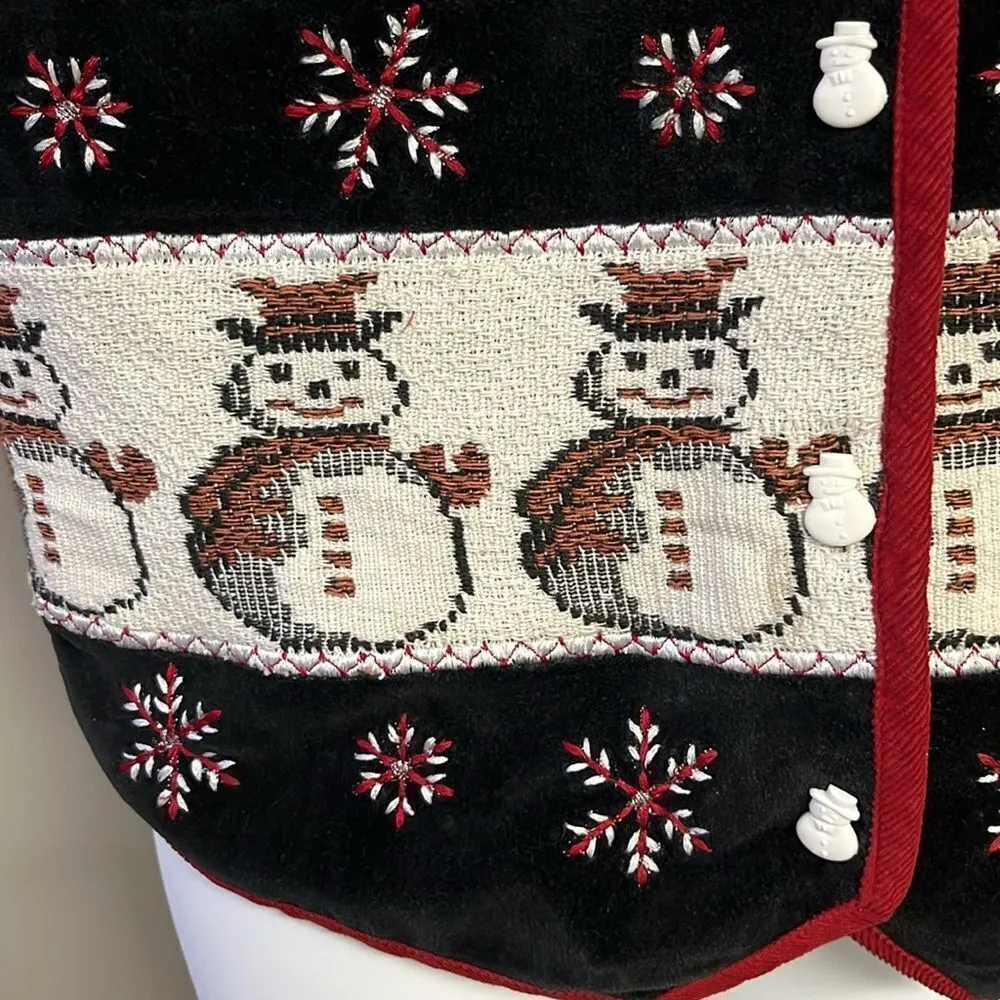 TanTrums Vintage Black Button Up Snowman Tree Snowflake Vest - Image 6