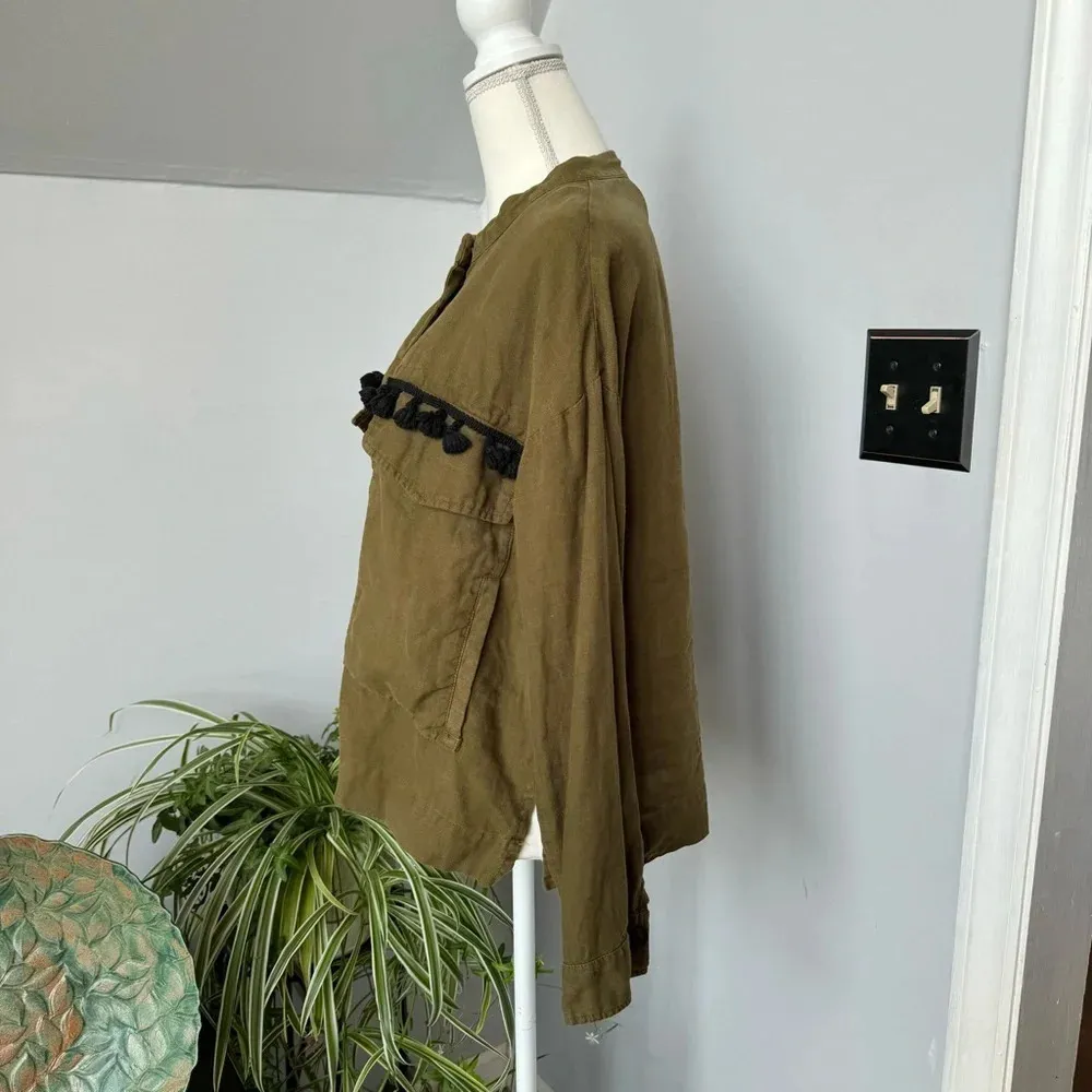 Zara Basic Women’s Olive Green Linen‎ Jacket size Medium Black Tassel Detail - Image 6