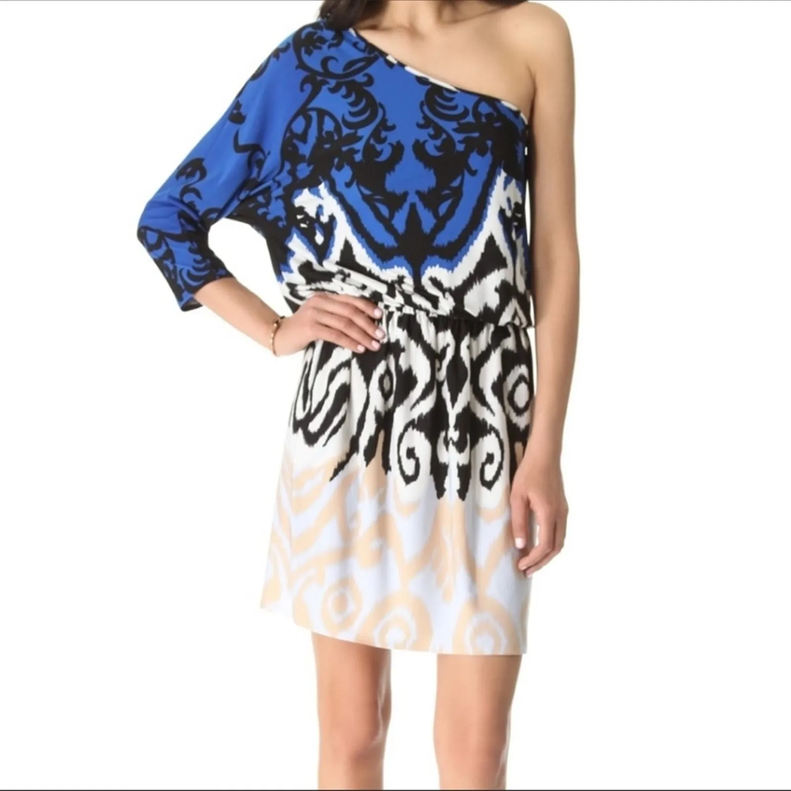 Tibi Jasmine One Shoulder Dress Black Ivory Multi Size Small Statement Sleeve - Image 16