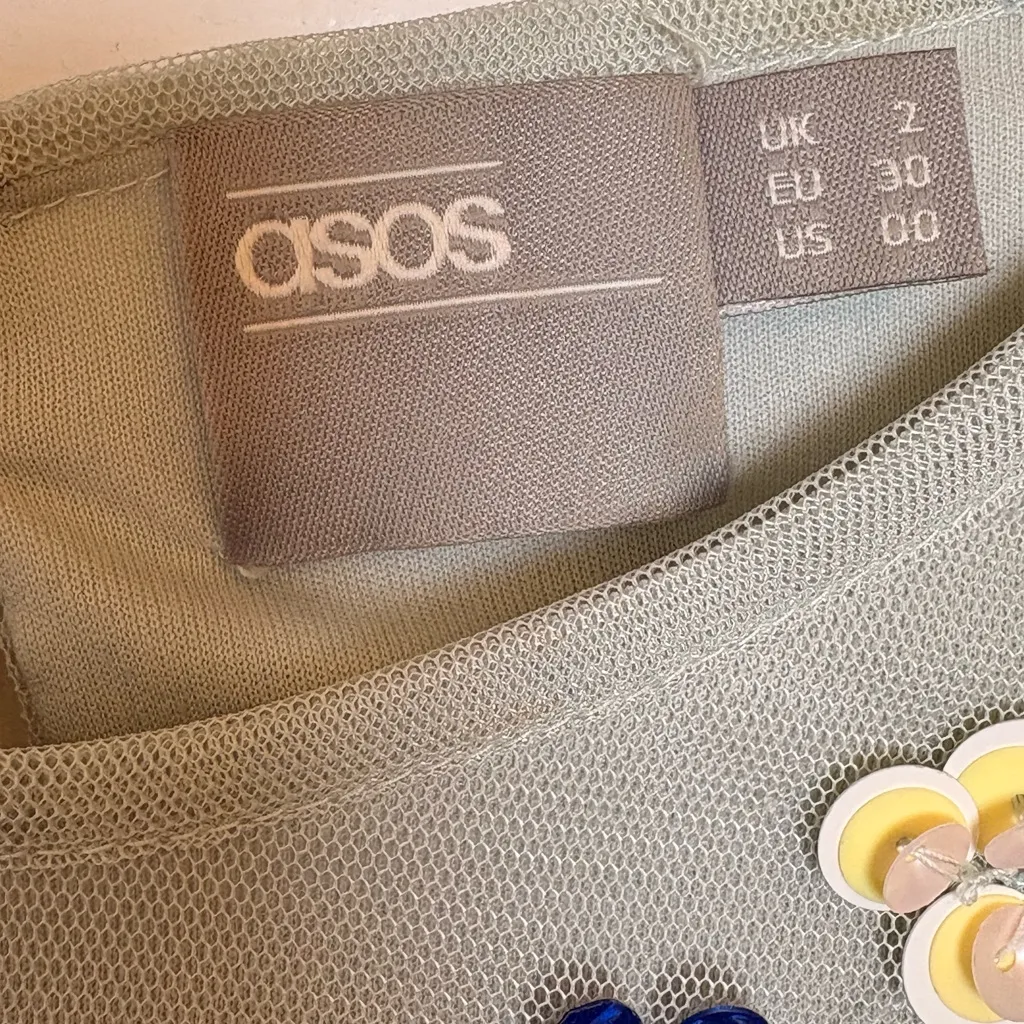 ASOS Sage Green Embellished Mesh Floral Top Fairycore Avant Garde Size 00 - Image 4