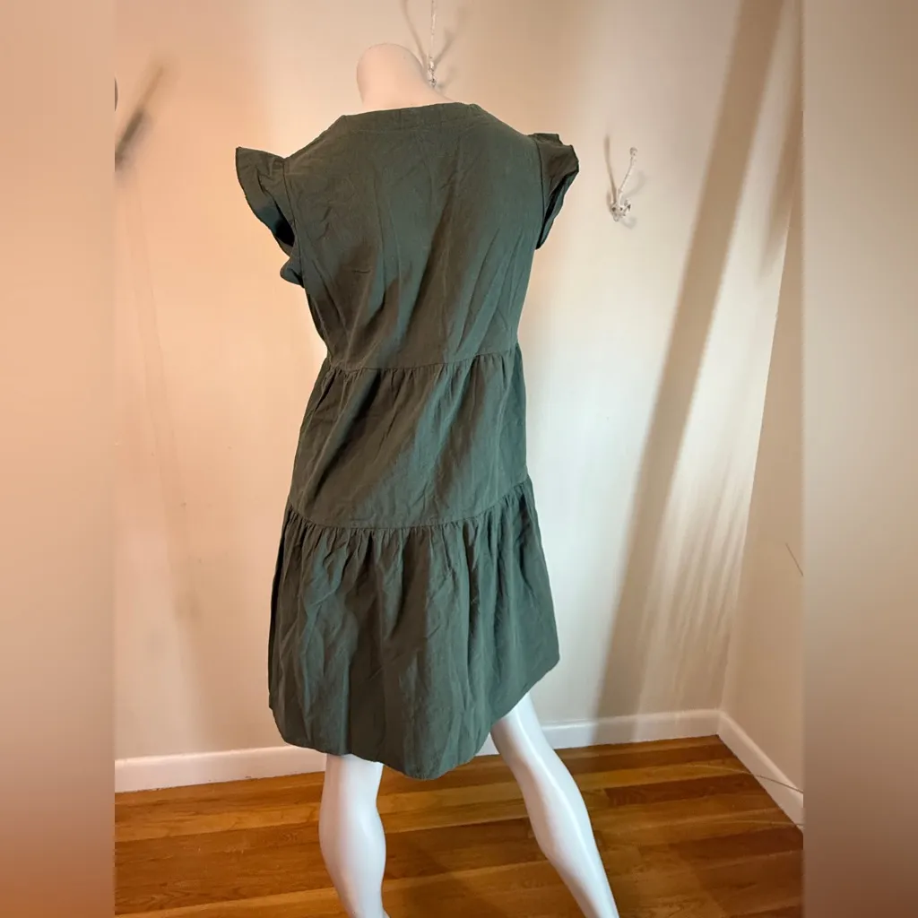 Kate Kasin Short Sleeve Tiered Tunic Dress V Neck Green Medium Flutter Sleeves - Image 3