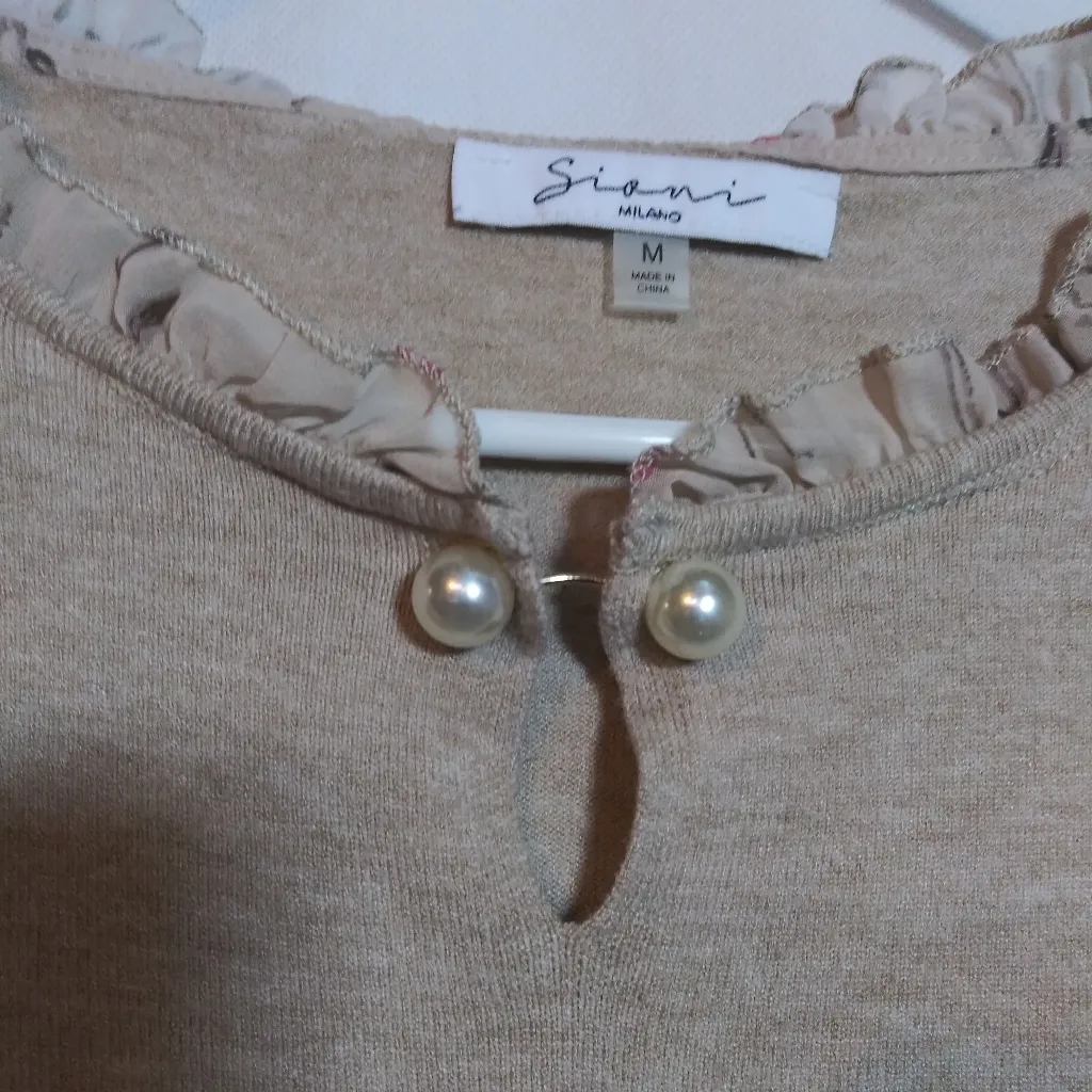Siani Milano Sweater WomensBeige Floral Sheer Sleeves Ruffle Pearl Collar Size M Tan Size M - Image 3