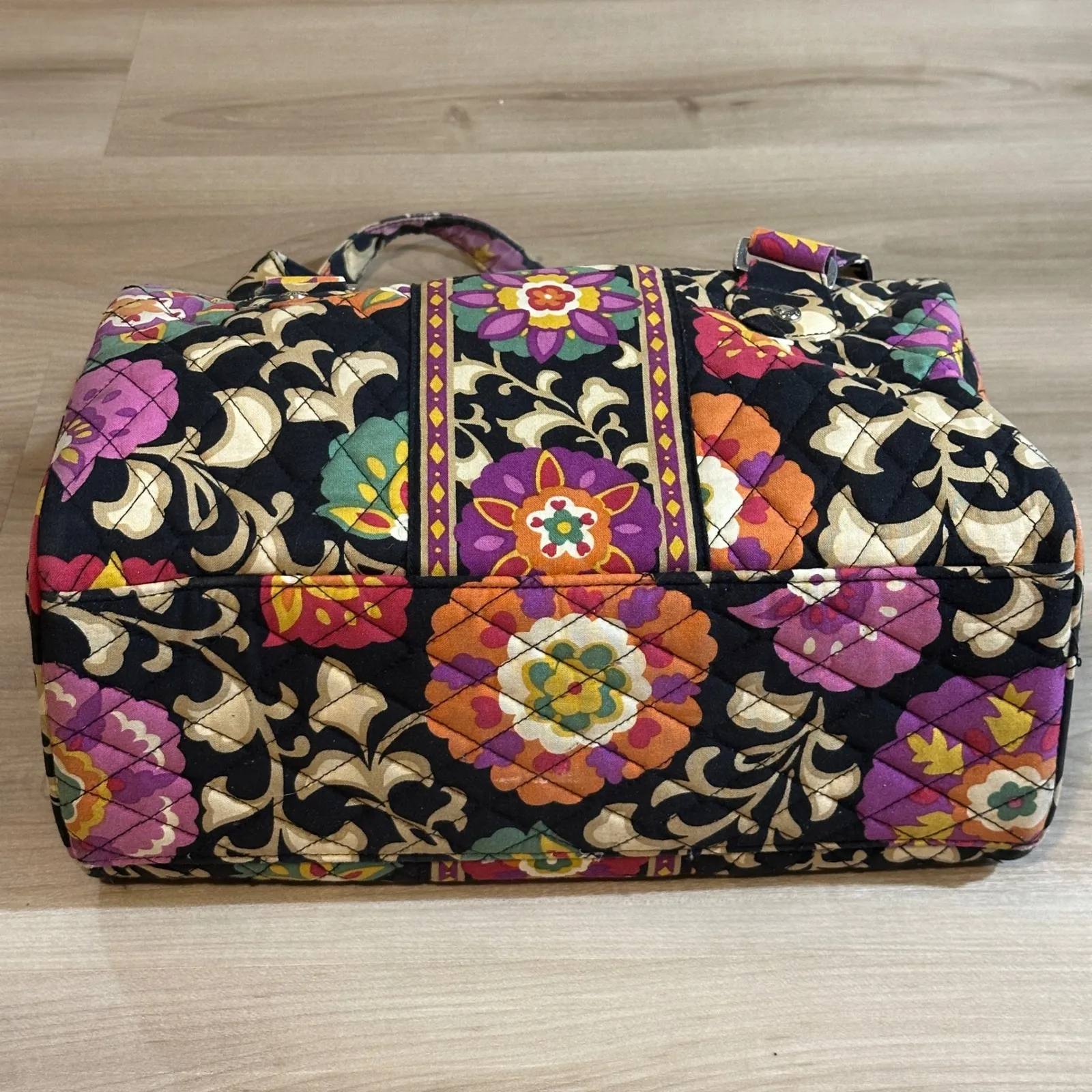 Vera Bradley Suzani  Satchel Floral Quilted Handbag Purse Black Purple Tan‎ - Image 8
