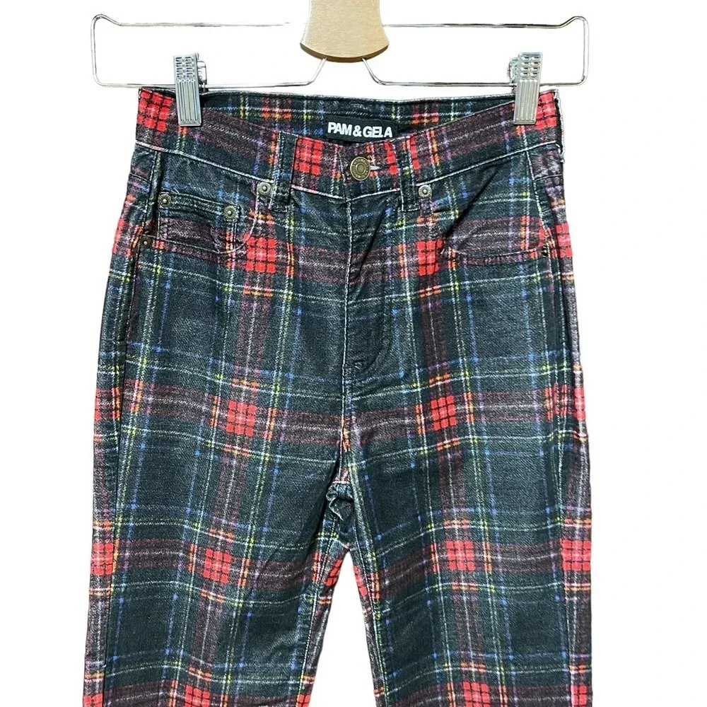 Pam & Gela  Tartan Plaid Slim‎ Crop Pant Red Multi Size 25 - Image 4