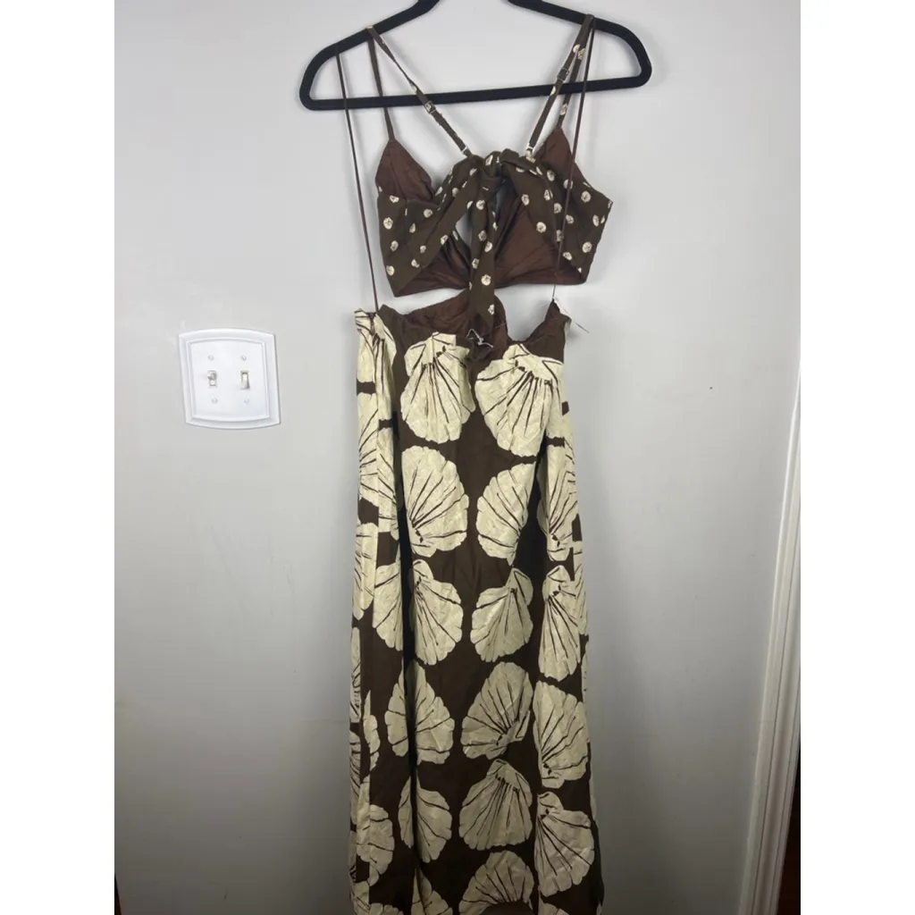 Abercrombie & Fitch Linen Blend Cutout Maxi Dress Brown Floral Print Polka Dot T - Image 6