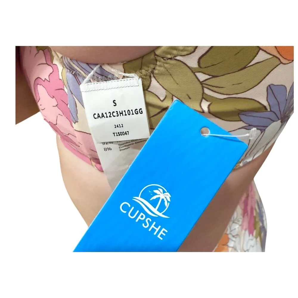 NEW Womens SM CUPSHE SWIMSUIT One-Shoulder Top & Hipster Bikini Flower Scalloped - Image 8