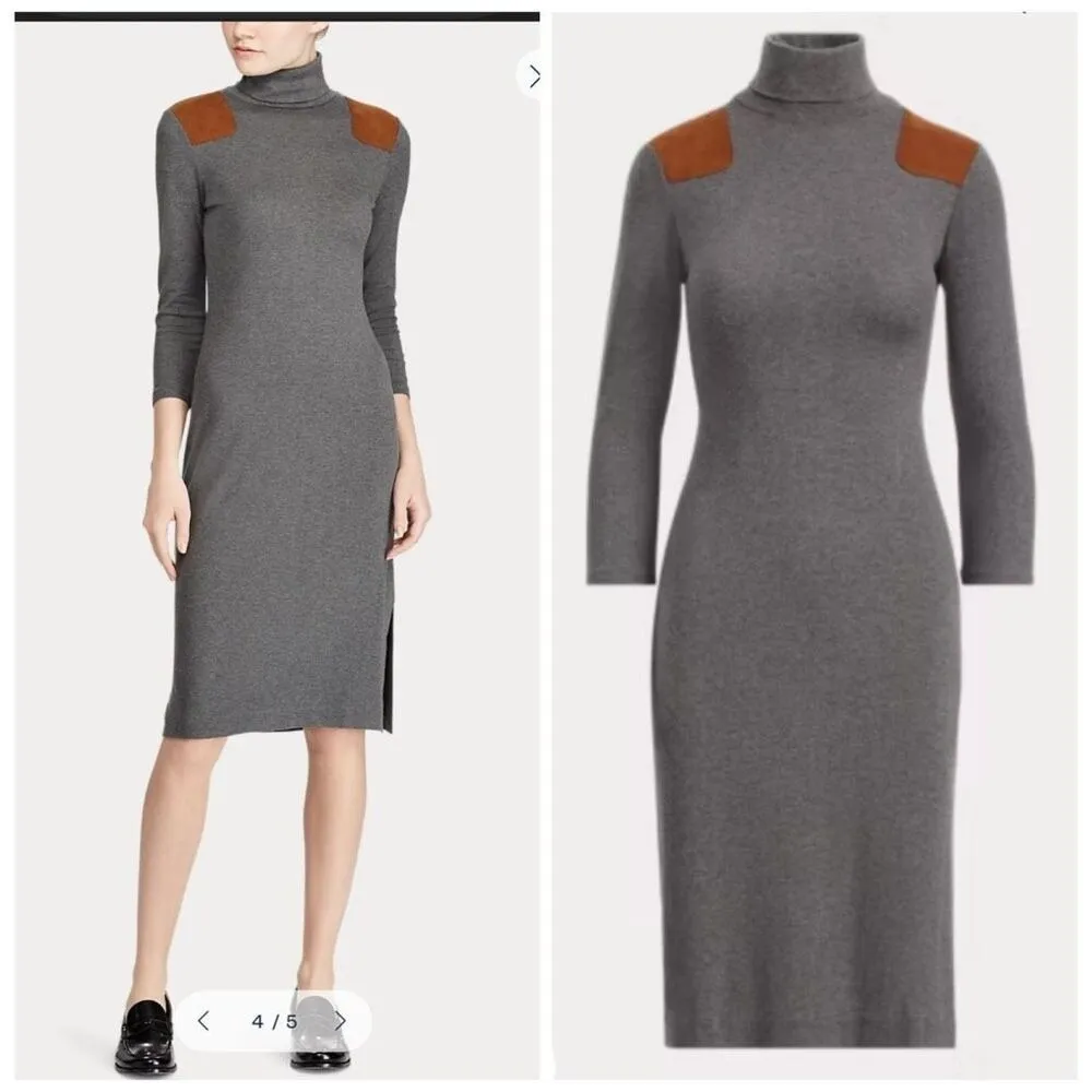 Polo Ralph Lauren Grey Suede Trim Turtleneck Wool Blend Jersey Midi‎ Dress Large - Image 2