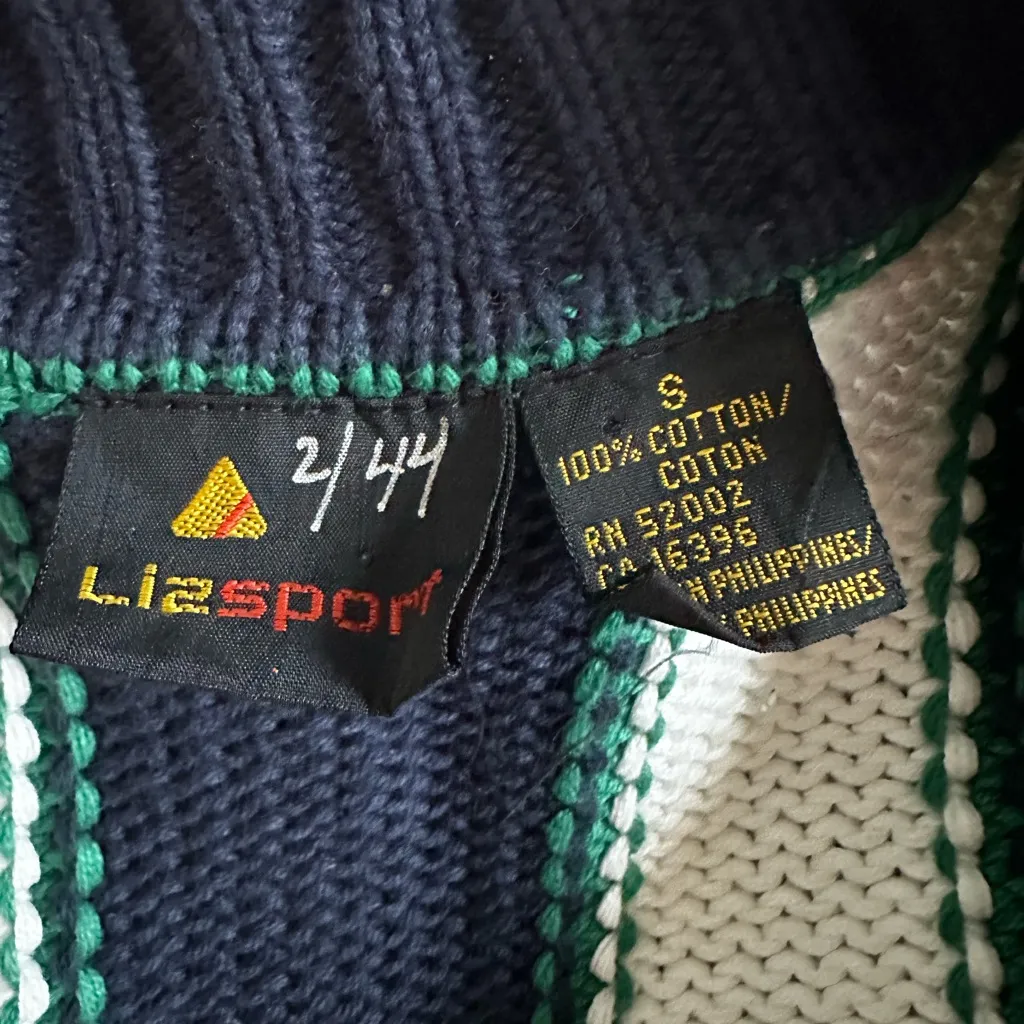 Vintage LizSport 90s Cardigan Sweater Navy Blue White Stripe Preppy Country Club - Image 8