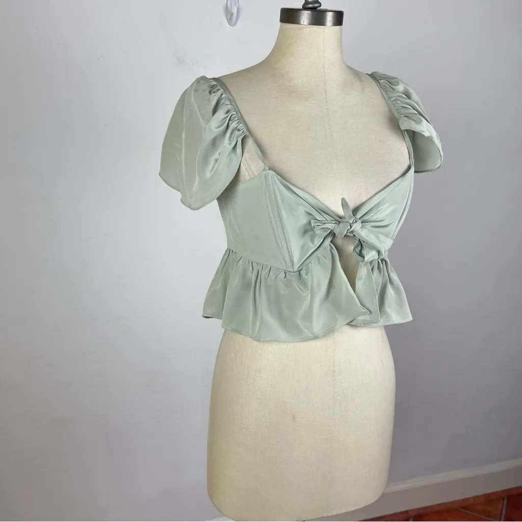 Stone Cold Fox Sage Green Silk Ruffle Tie Crop Top - Image 3