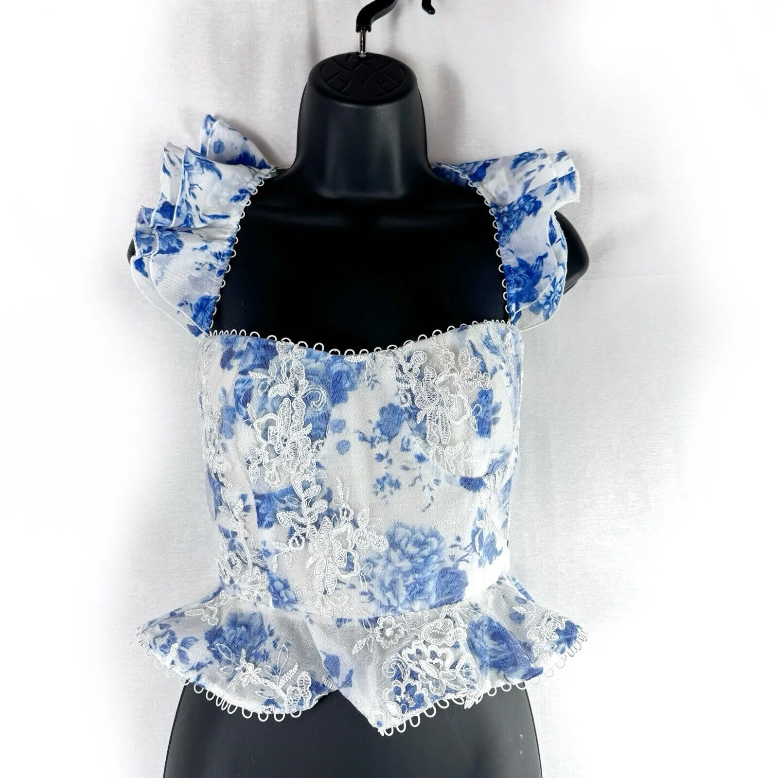 V. Chapman Provence Corset Bustier Top French Blue Floral Ruffle Lace Sz 0 - Image 4