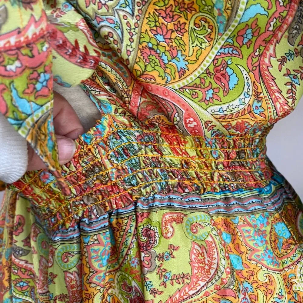 Zury Bohemian Silk Blend Bell Sleeve And Wide Leg Front Tie Jumpsuit Size M Yellow Size M - Image 11