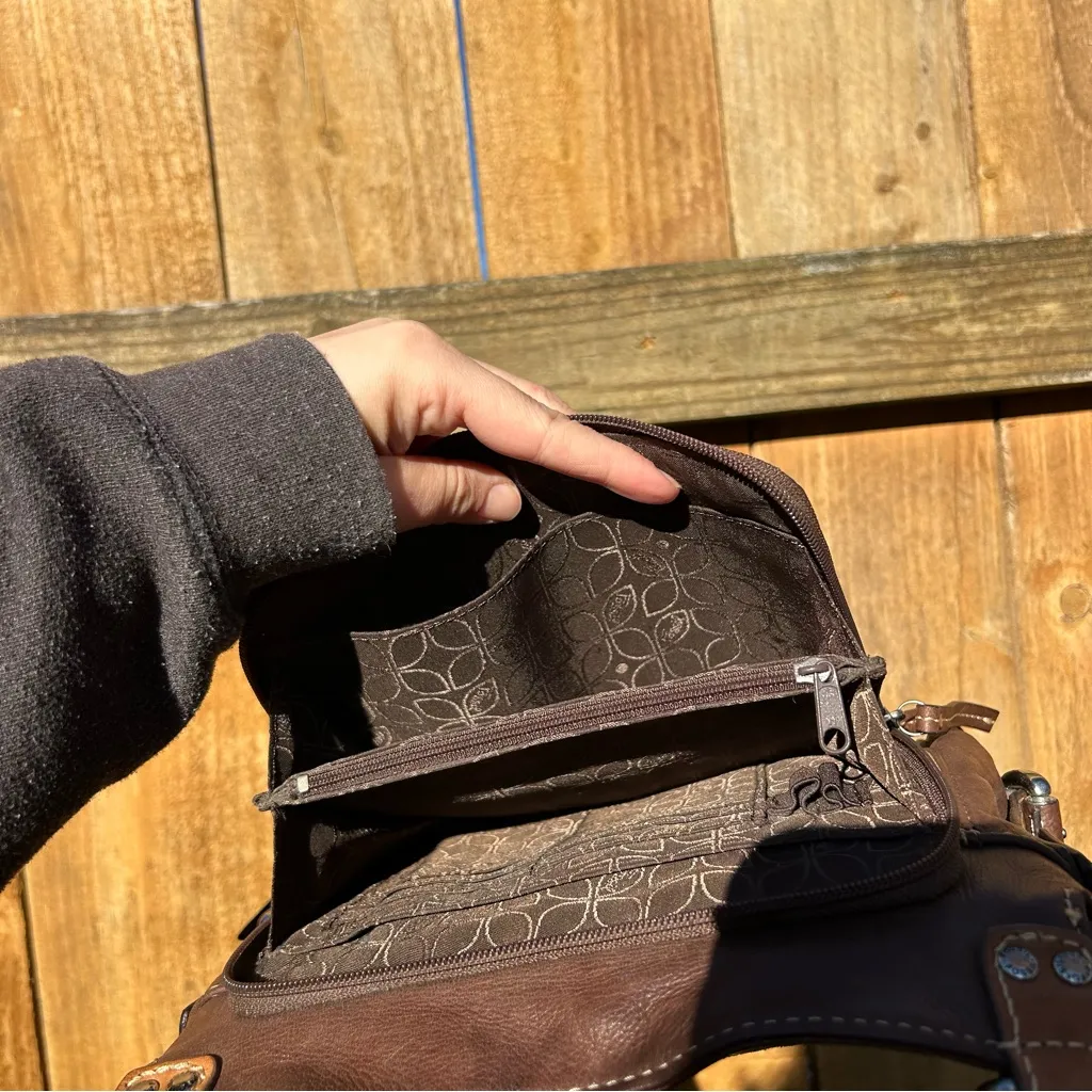 FOSSIL MULTICOLOR PATCHWORK CROSSBODY BROWNS/TAN leather purse hobo lines fall - Image 9