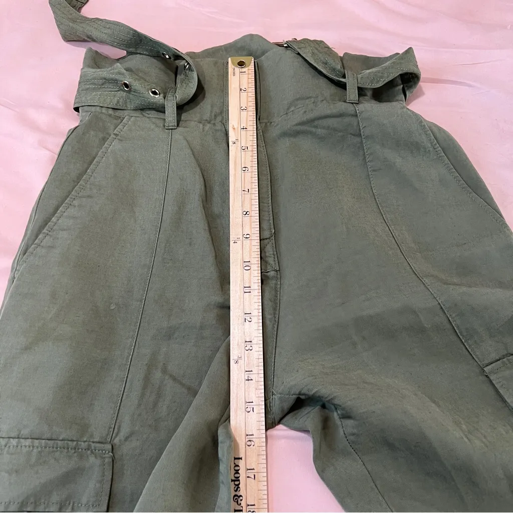 Zara Lightweight Olive Green High Rise Paper Bag Waist Belted Cargo Pants Size S - Image 14
