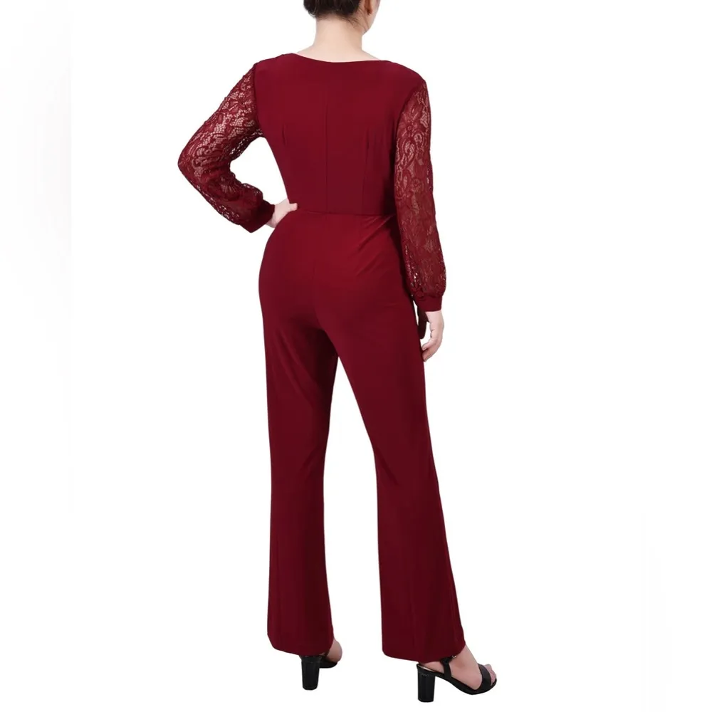 NEW NY Collection Jumpsuit with Lace Sleeves, Red Size XL New w/o Tag - Image 3