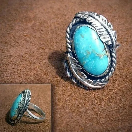 Silver Turquoise Feather Ring 10 - Image 3