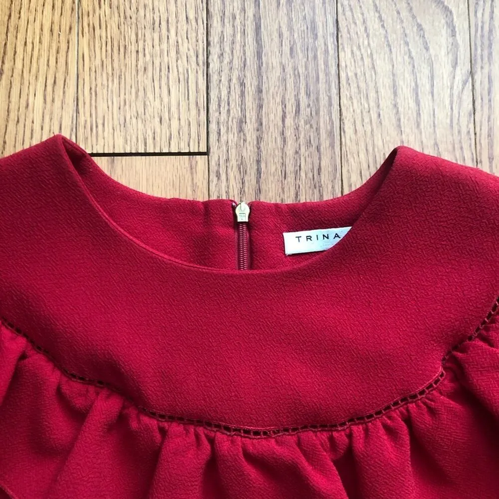 Trina Turk Cherry Red Rose Shift Ruffles Neckline Sleeveless Women’s Size 8 - Image 4