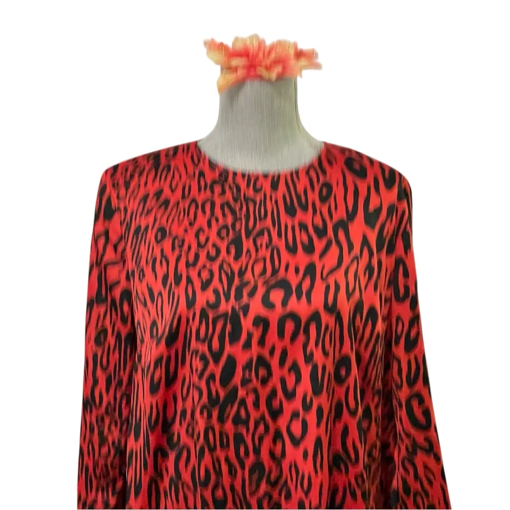 Zara Woman Red Leopard Print Midi Dress Animal Print Long Sleeve XL - Image 7