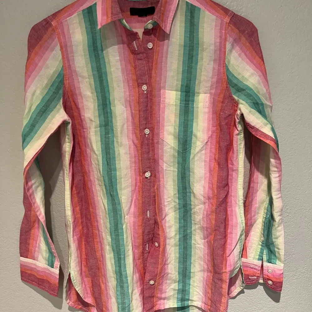 J. Crew Linen Classic Fit Rainbow Striped Long Sleeve Shirt - Image 6