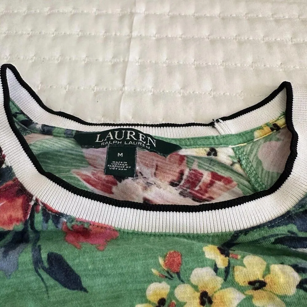 Lauren Ralph Lauren T Shirt Sz Medium M Green Floral Print Flowers Crew Neck Tee - Image 4