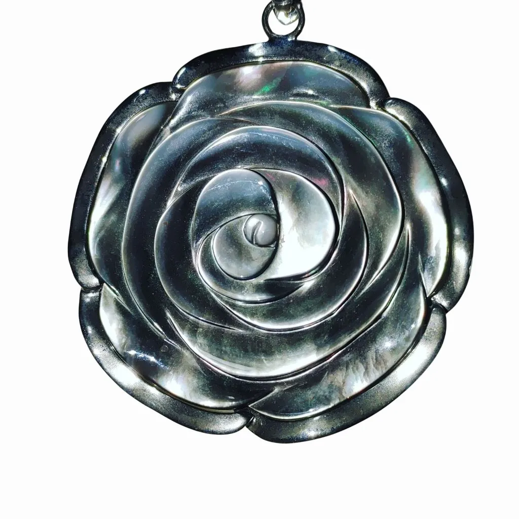 Rose Pendant Necklace Large Mother Of Pearl Flower 2 Inch Black Cord 925 Silver Size 16 - Image 3