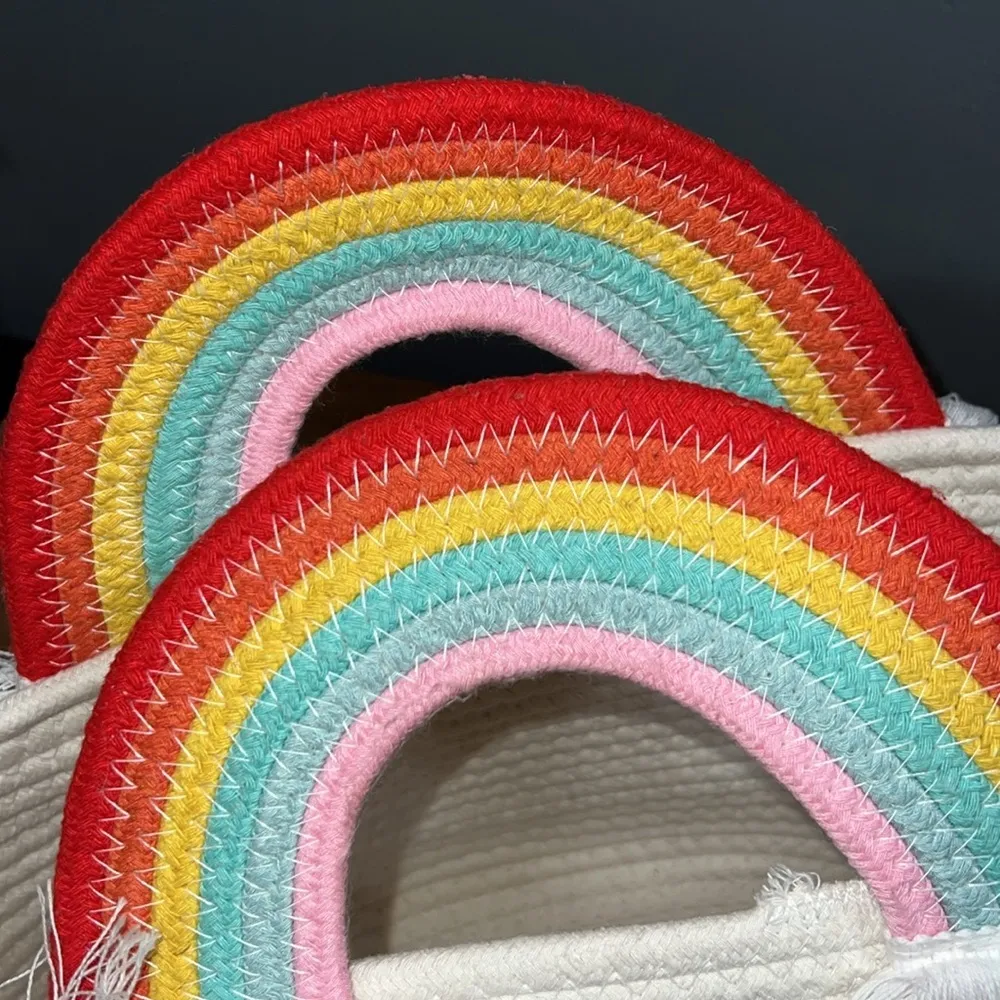 Jumbo rope bag sturdy rainbow handle basket Easter beach tote vacation purse Red - Image 10