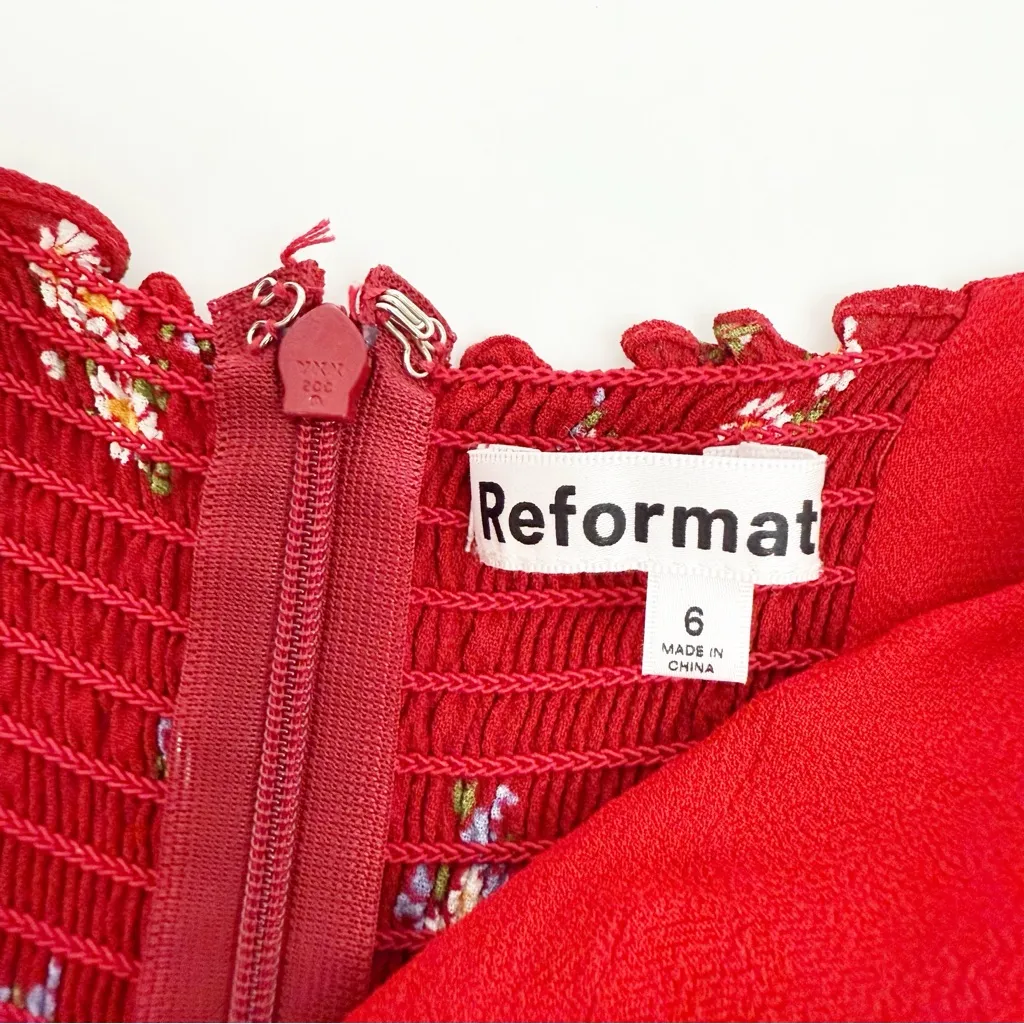 Reformation Cammi Floral Ruffle Wrap Mini Dress Cassia Red White - Image 15