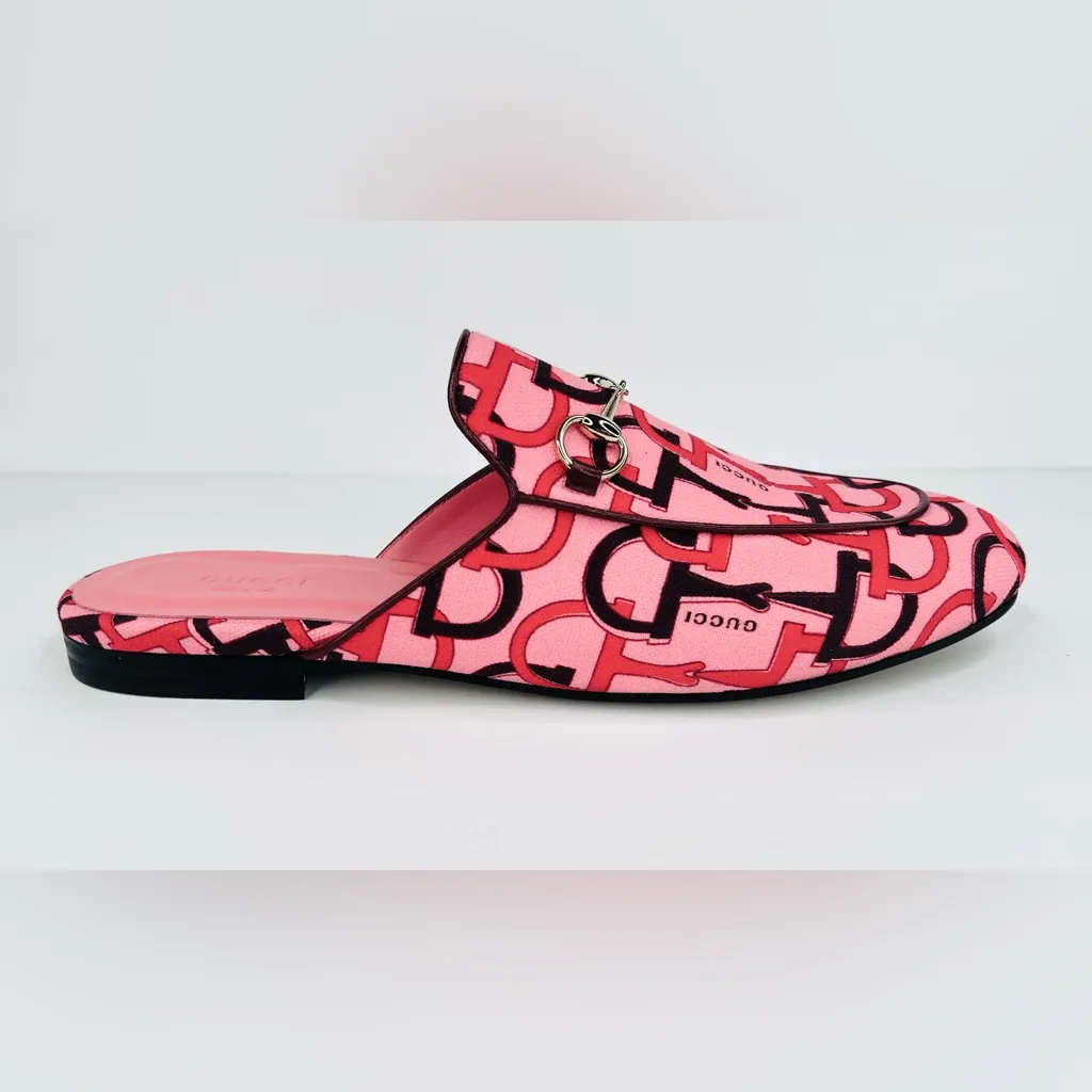 Gucci Princetown Horsebit Logo Print Pink Fabric Flat Loafer Mules Size EU 39 - Image 12